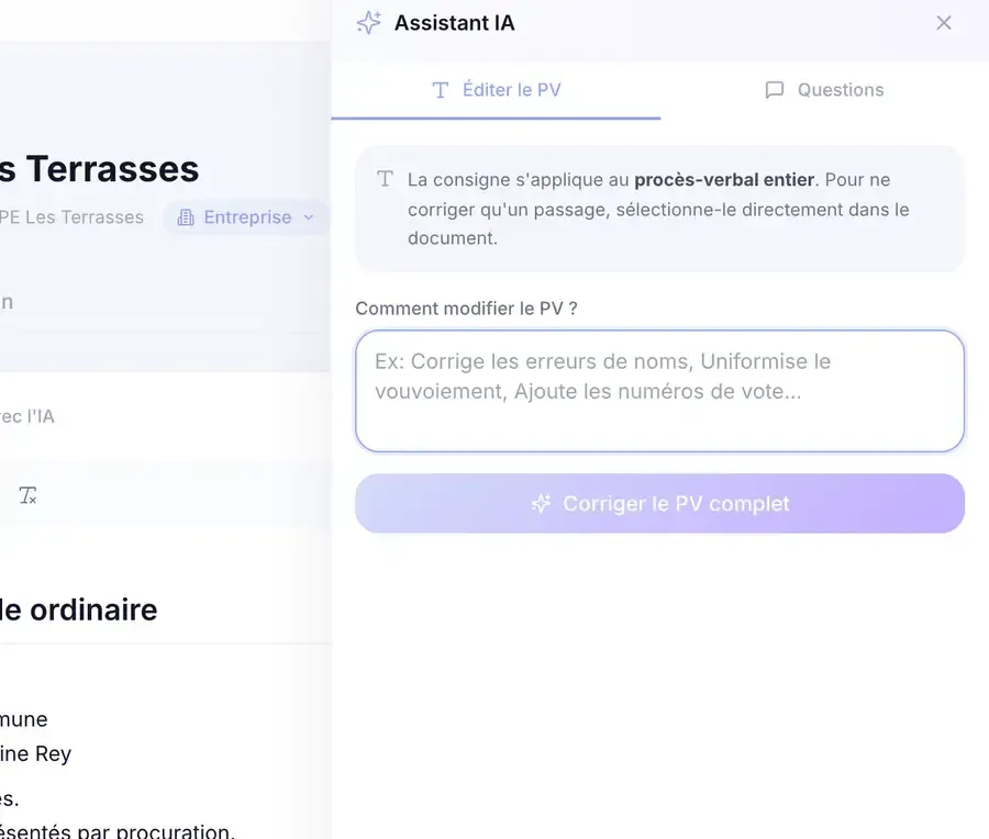 Assistant IA de Notezilla : une consigne écrite en français, par exemple uniformiser le vouvoiement, s’applique au procès-verbal entier