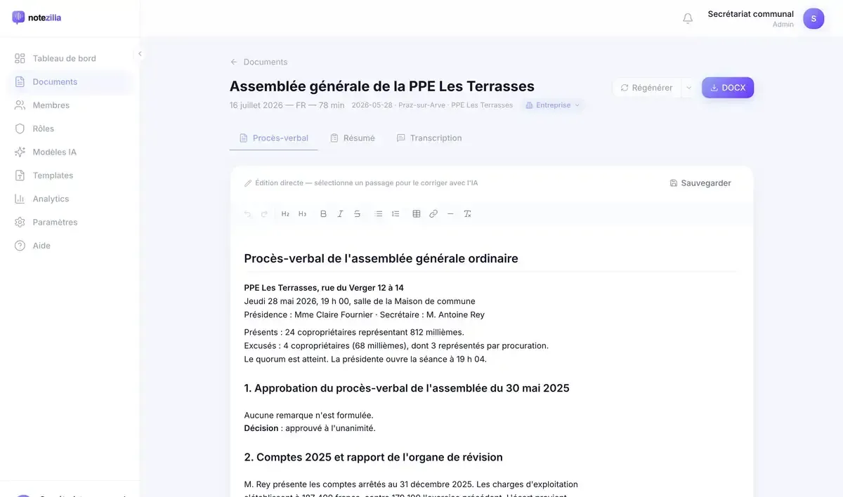 Procès-verbal d’assemblée générale de PPE ouvert dans l’éditeur Notezilla : ordre du jour numéroté, décisions et résultats de vote, barre d’outils de mise en forme