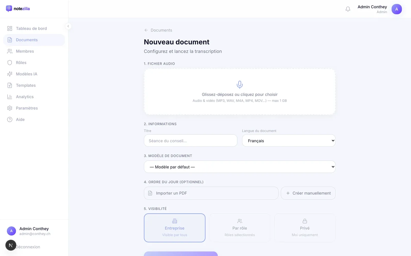 Création d’un document dans Notezilla : dépôt du fichier audio, titre, langue, modèle de document, ordre du jour et visibilité